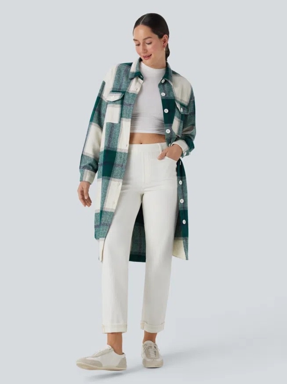 HALARA NWOT Plaid Curved Hem Longline Casual Jacket with Pockets